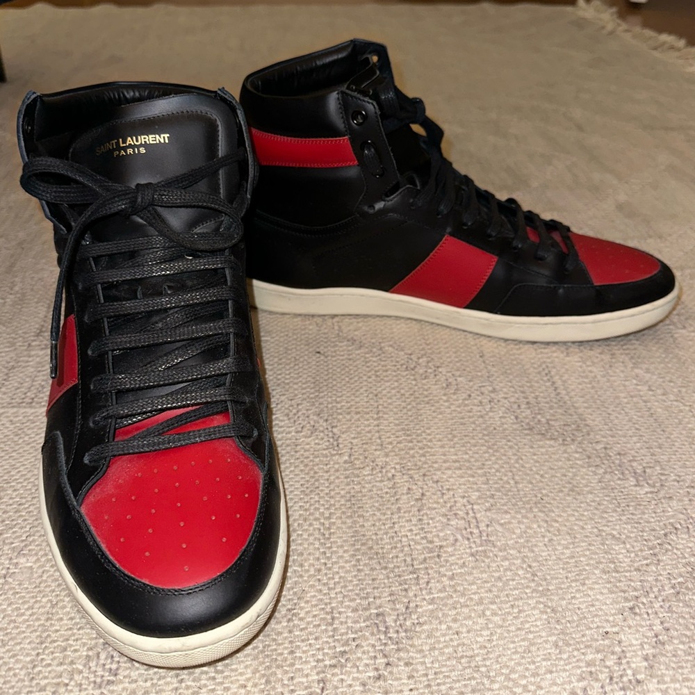 Saint Laurent SL/10H Signature Men’s Court Classic High-Top Sneakers Black-Red - Picture 5 of 12